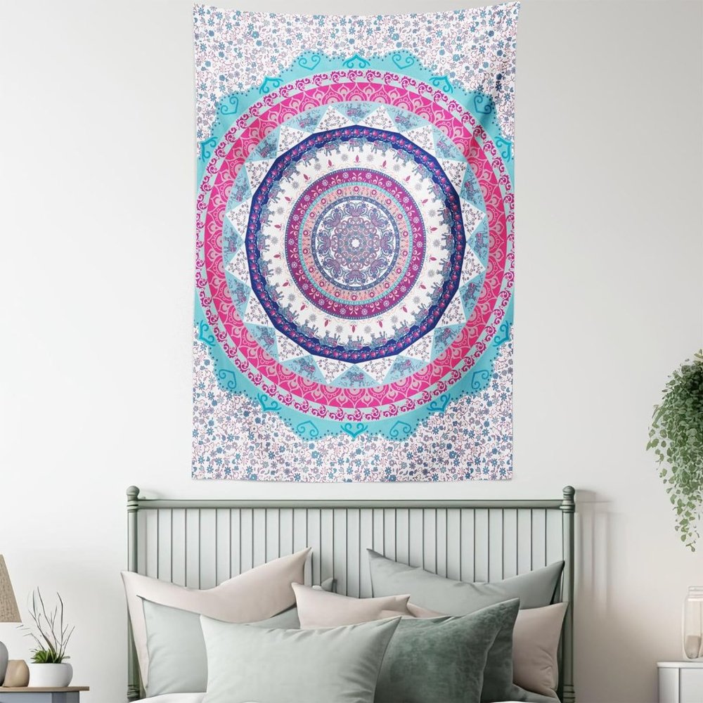 Pink & Blue Floral Mandala Elephant Boho Bohemian Home Decor Wall Tapestry NEW